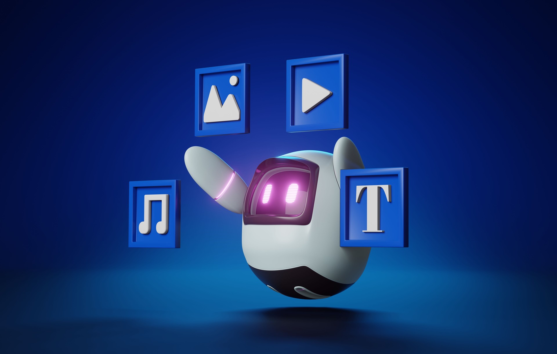 Cute robot picks up quick command for creating art. Advertising copywriting and songwriting based with blue background