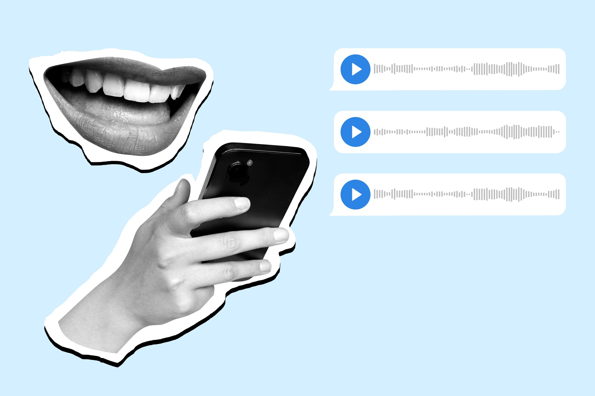 Modern collage. Hand holding smartphone. Concept of recording and sending voice message. Communication, interaction. Social media. Chat.